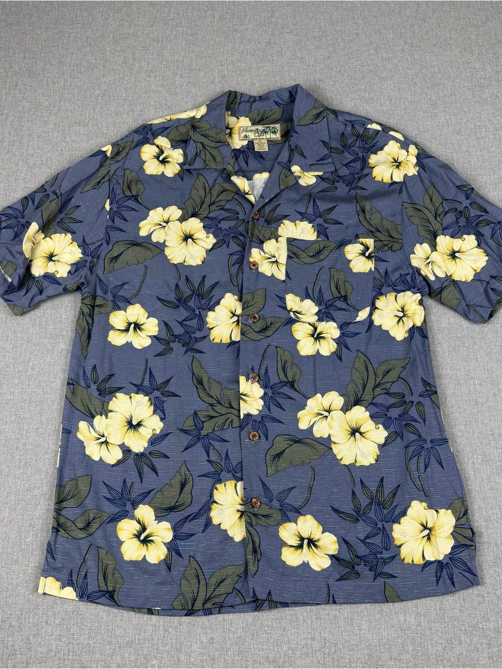 Vintage Havana Jack's Cafe Blue Yellow Hibiscus Hawaiian Shirt M